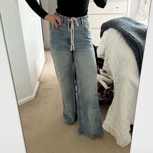 Zara Light Blue Wide-Leg Jeans with Rope Tie Waist